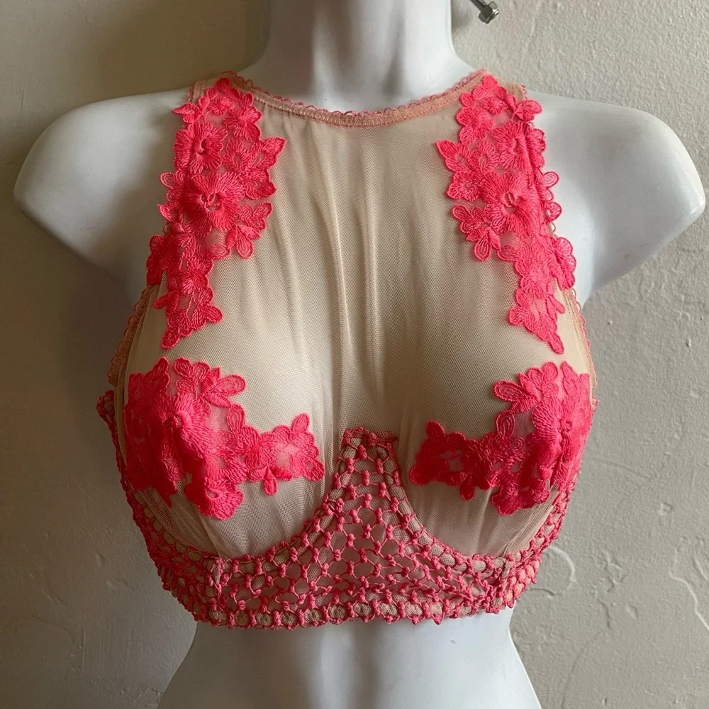 Victoria's Secret Sheer Nude Mesh Bralette with Coral Pink Lace